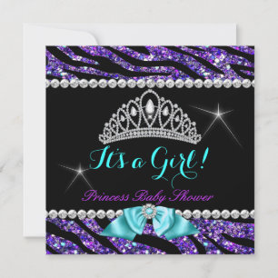 Prinsessa Baby Shower Glitter Lila Turkos Sebra Inbjudningar