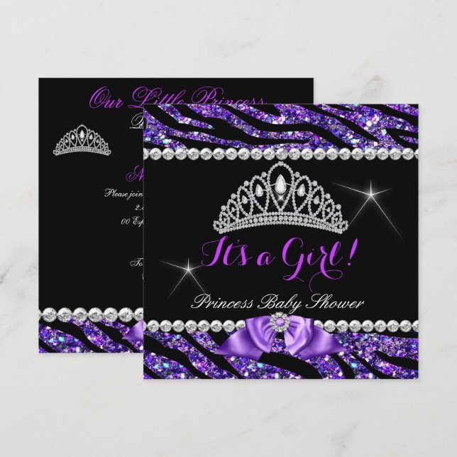 Prinsessa Baby Shower Glitter Lila Zebra Slinga Inbjudningar (Fram/baksida)
