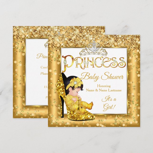 Prinsessa Baby Shower Guld Höga Klackar Glitter Me Inbjudningar (Fram/baksida)