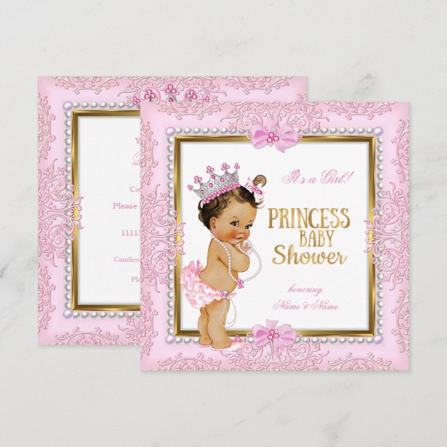 Prinsessa Baby Shower Guld Rosa Pärlor Spets Inbjudningar (Fram/baksida)