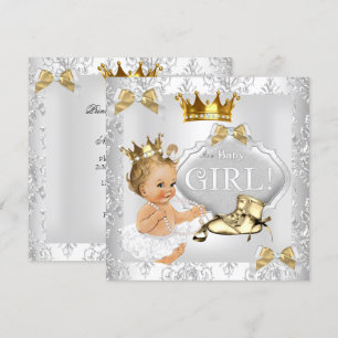 Prinsessa Baby Shower Guld Silver Damast Blond Inbjudningar