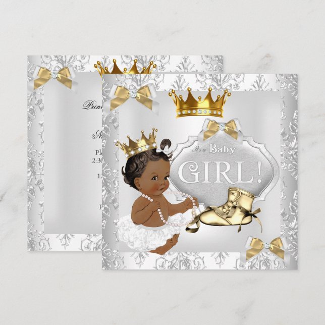 Prinsessa Baby Shower Guld Silver Damast Etnisk Inbjudningar (Fram/baksida)