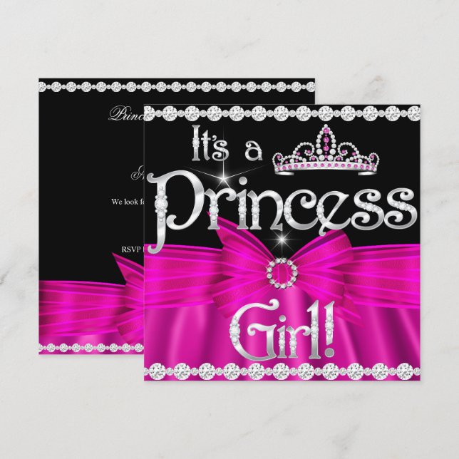 Prinsessa Baby Shower Hetrosa Bow Silver Tiara 2 Inbjudningar (Fram/baksida)