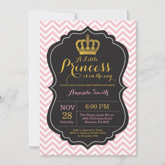 Prinsessa Baby Shower Inbjudan Rosa och Guld (Framsida)