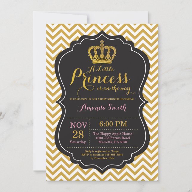 Prinsessa Baby Shower Inbjudan Rosa och Guld (Framsida)
