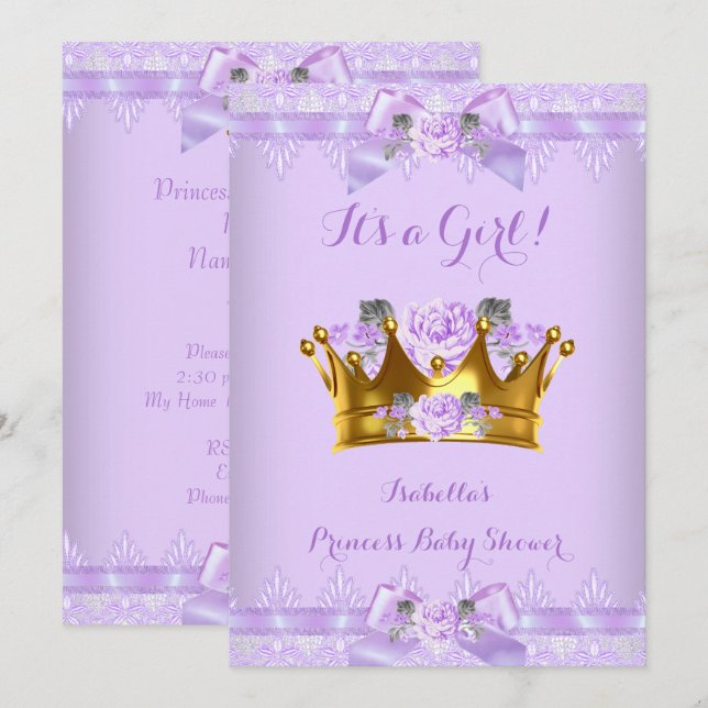 Prinsessa Baby Shower Lila Ros Lavendel Spets Inbjudningar (Fram/baksida)