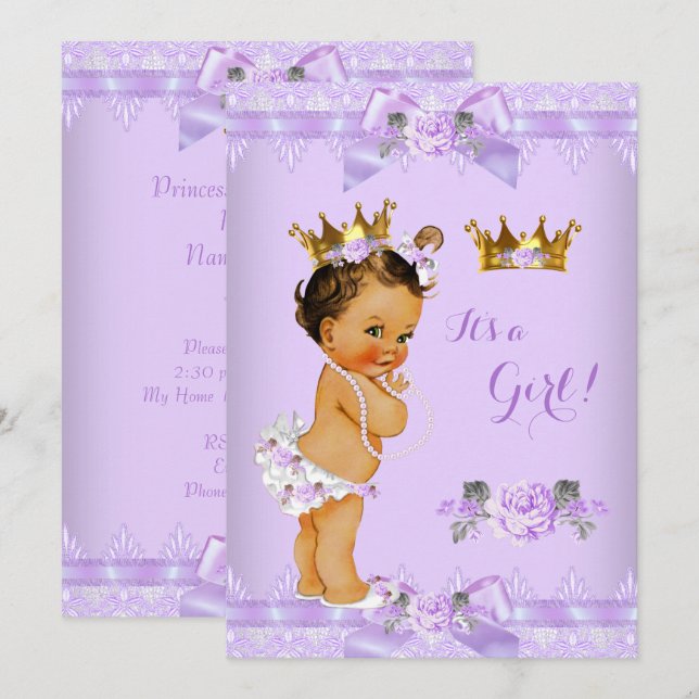 Prinsessa Baby Shower Lila Ros Spets Brunett Inbjudningar (Fram/baksida)