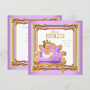 Prinsessa Baby Shower Lila Rosa Guld Stol Blond Inbjudningar
