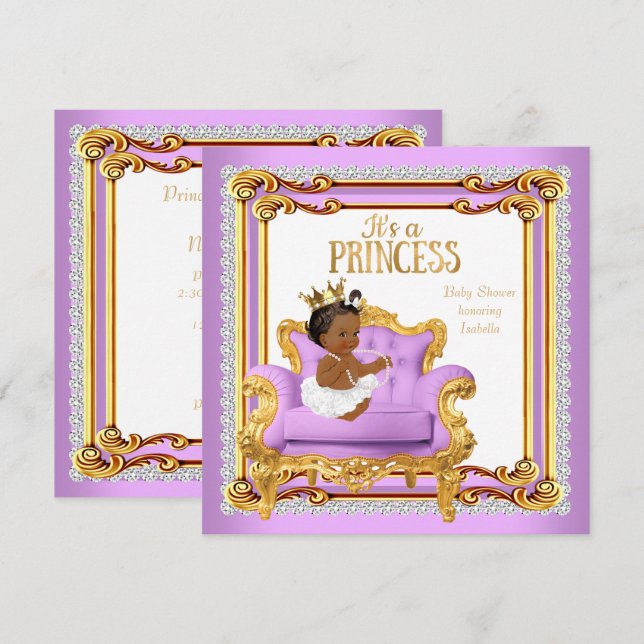 Prinsessa Baby Shower Lila Rosa Guld Stol Etnisk Inbjudningar (Fram/baksida)