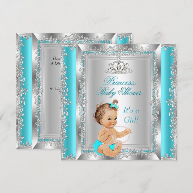 Prinsessa Baby Shower Party Teal Silver Brunett Inbjudningar (Fram/baksida)