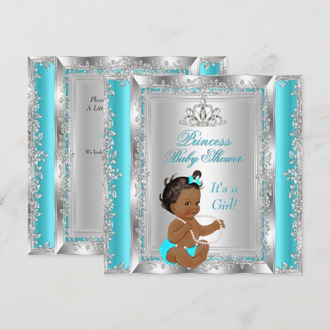 Prinsessa Baby Shower Party Teal Silver Etnisk Inbjudningar (Fram/baksida)