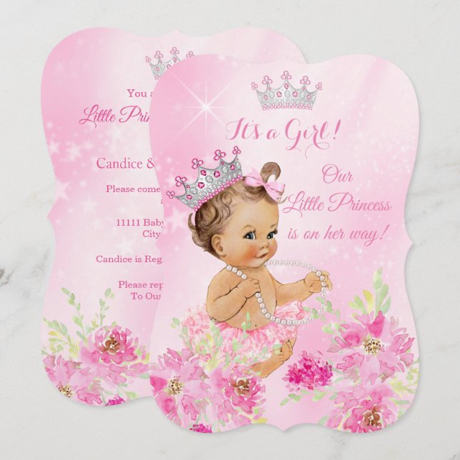 Prinsessa Baby Shower Rosa blomster Tutu Brunett Inbjudningar (Fram/baksida)