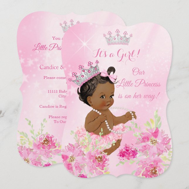 Prinsessa Baby Shower Rosa blomster Tutu Etnisk Inbjudningar (Fram/baksida)