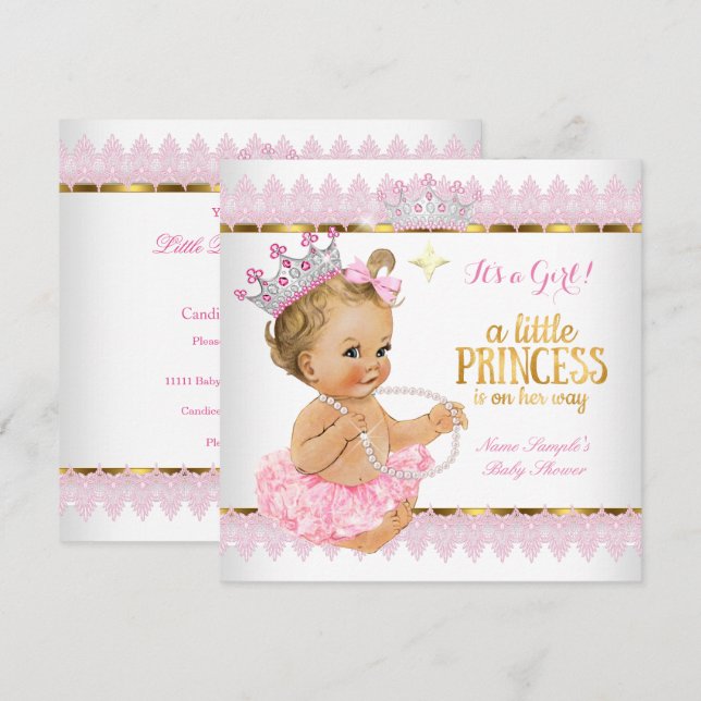 Prinsessa Baby Shower Rosa Guld Blond Flicka Inbjudningar (Fram/baksida)