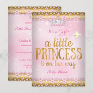 Prinsessa Baby Shower Rosa Guld Folie Spets Tiara Inbjudningar