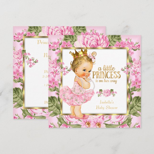 Prinsessa Baby Shower Rosa Guld Ros Blommig Blond Inbjudningar (Fram/baksida)