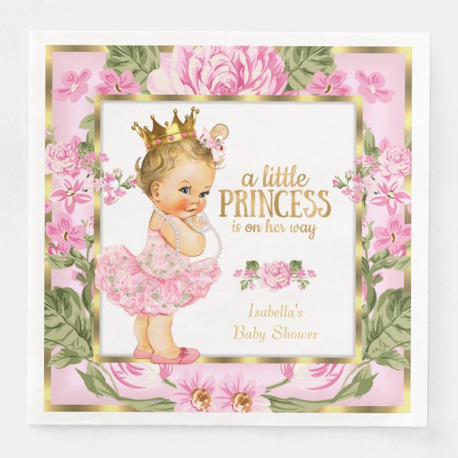 Prinsessa Baby Shower Rosa Guld Ros Blommig Blond Pappersservett (Framsida)