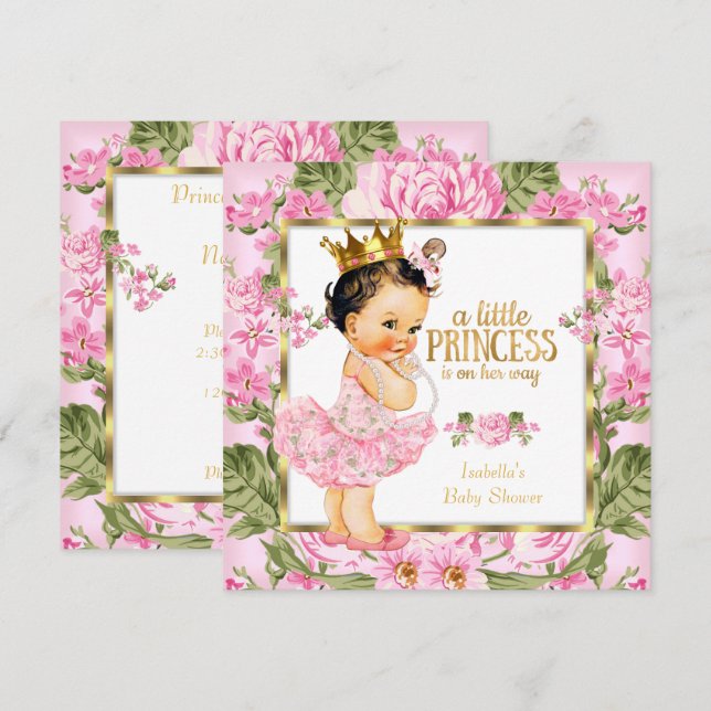 Prinsessa Baby Shower Rosa Guld Ros Blommig Inbjudningar (Fram/baksida)