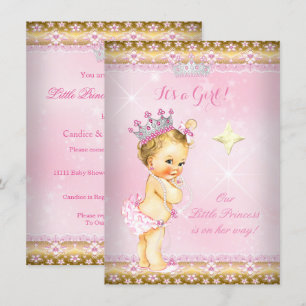 Prinsessa Baby Shower Rosa Guld Spets Tiara Blond Inbjudningar