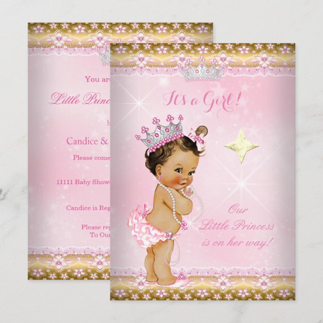 Prinsessa Baby Shower Rosa Guld Spets Tiara Brunet Inbjudningar (Fram/baksida)