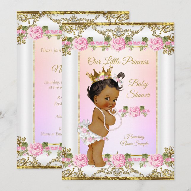 Prinsessa Baby Shower Rosa Guld Vit Etnisk Inbjudningar (Fram/baksida)
