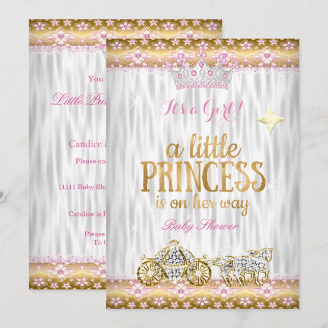 Prinsessa Baby Shower Rosa Guld Vit Vagn Inbjudningar (Fram/baksida)