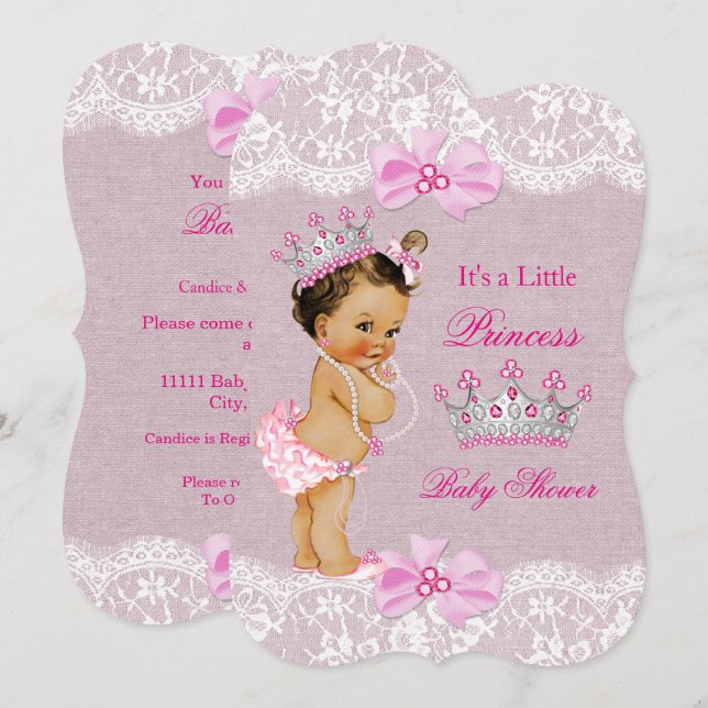 Prinsessa Baby Shower Rosa Jute Spets Brunett Inbjudningar (Fram/baksida)