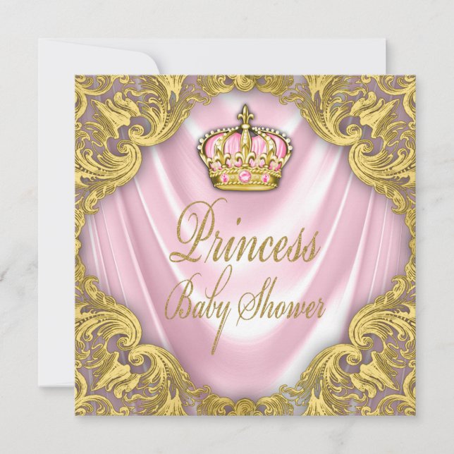Prinsessa baby shower rosa och guld satäng inbjudningar (Framsida)