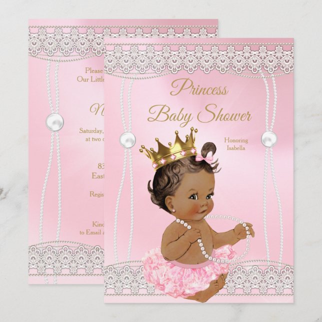 Prinsessa Baby Shower Rosa pärlpärlsbrunett Inbjudningar (Fram/baksida)