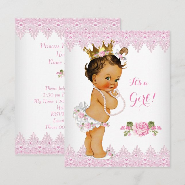 Prinsessa Baby Shower Rosa Ros Slingränd Vit Brune Inbjudningar (Fram/baksida)