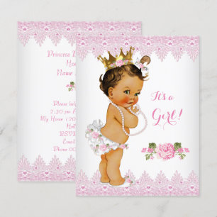 Prinsessa Baby Shower Rosa Ros Slingränd Vit Brune Inbjudningar