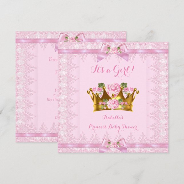 Prinsessa Baby Shower Rosa Ros Slöj Inbjudningar (Fram/baksida)