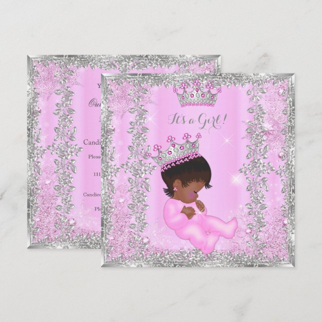 Prinsessa Baby Shower Rosa Silver Afroamerikansk Inbjudningar (Fram/baksida)