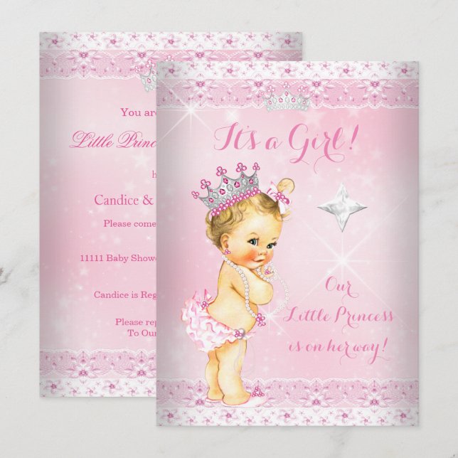 Prinsessa Baby Shower Rosa Spets Tiara Blond Inbjudningar (Fram/baksida)