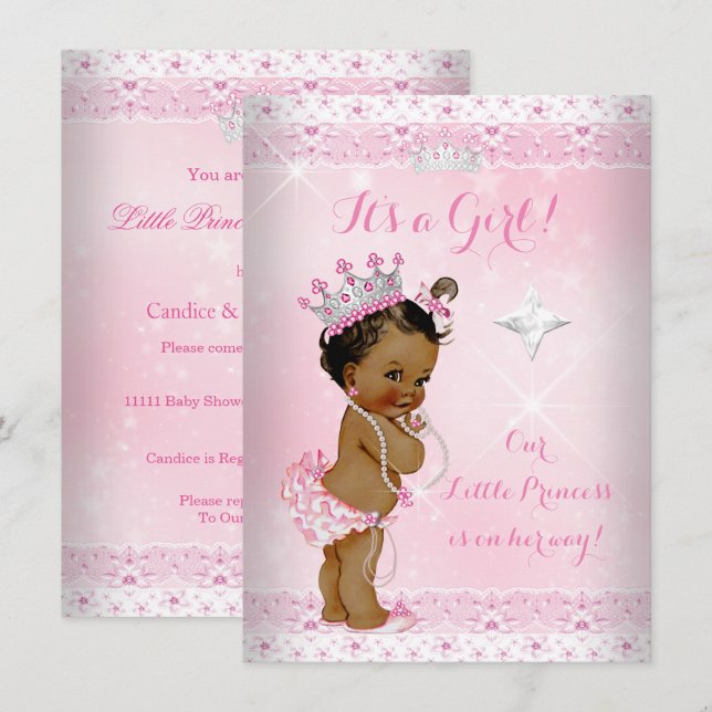 Prinsessa Baby Shower Rosa Spets Tiara Etnisk Inbjudningar (Fram/baksida)