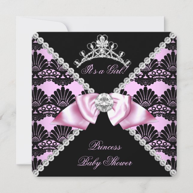 Prinsessa Baby Shower Rosa Svart Spets Diamant Inbjudningar (Framsida)