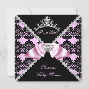 Prinsessa Baby Shower Rosa Svart Spets Diamant Inbjudningar