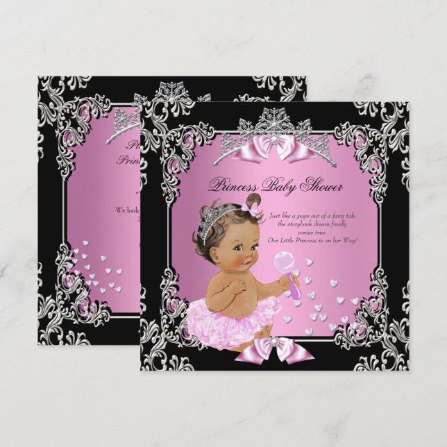 Prinsessa Baby Shower Rosa Svart Tutu Brunett Inbjudningar (Fram/baksida)