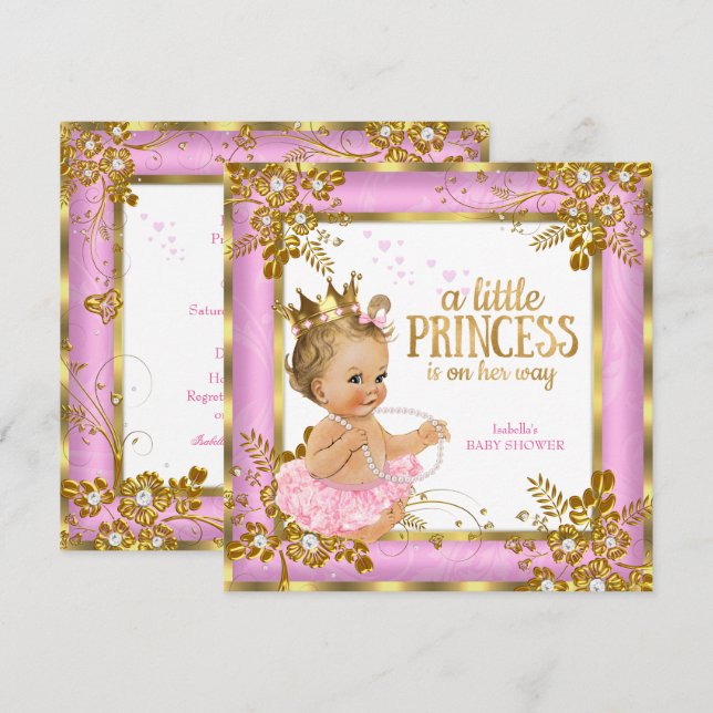 Prinsessa Baby Shower Rosa Tutu Blommig Blond Inbjudningar (Fram/baksida)