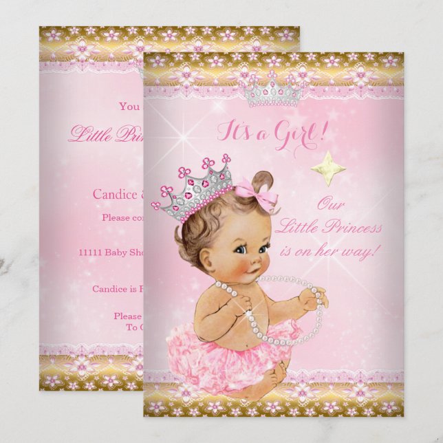 Prinsessa Baby Shower Rosa Tutu Guld Tiara Brunett Inbjudningar (Fram/baksida)