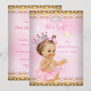 Prinsessa Baby Shower Rosa Tutu Guld Tiara Brunett Inbjudningar