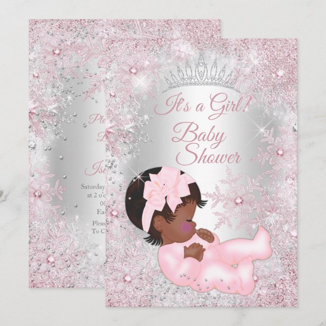Prinsessa Baby Shower Rosa Vinterställe Etnisk Inbjudningar (Fram/baksida)