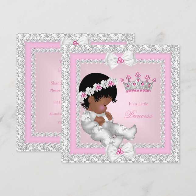 Prinsessa Baby Shower Rosa Vitt Grå Damask Etnisk Inbjudningar (Fram/baksida)