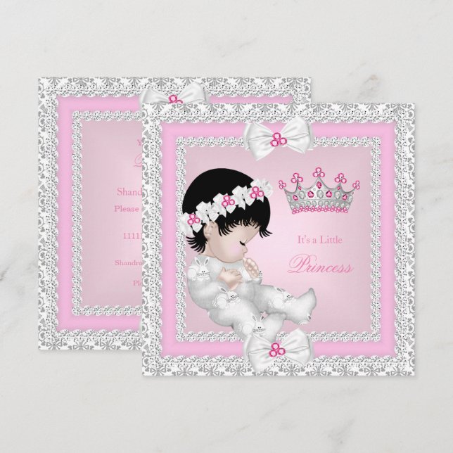 Prinsessa Baby Shower Rosa Vitt Grå Damaskus B Inbjudningar (Fram/baksida)