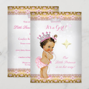 Prinsessa Baby Shower Rosa Vitt Guld Tiara Brunett Inbjudningar