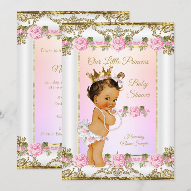 Prinsessa Baby Shower Rose Rosa Guld Vit Brunett Inbjudningar (Fram/baksida)