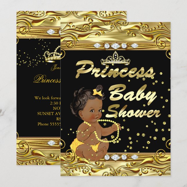 Prinsessa Baby Shower Svart Guld Sprinkle Etnisk Inbjudningar (Fram/baksida)