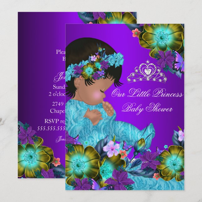 Prinsessa Baby Shower Teal Blå Lila Flickinbjudan Inbjudningar (Fram/baksida)