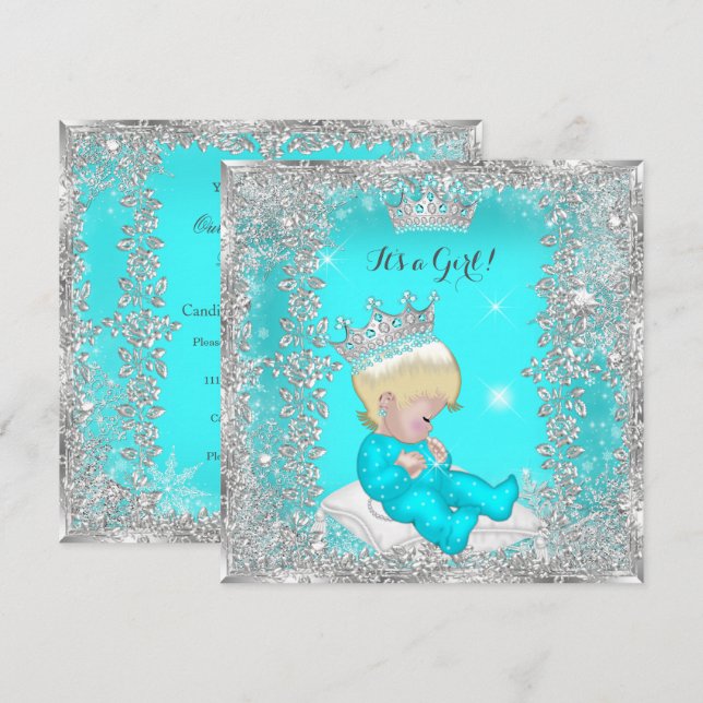 Prinsessa Baby Shower Teal Blå Silver Blond Inbjudningar (Fram/baksida)