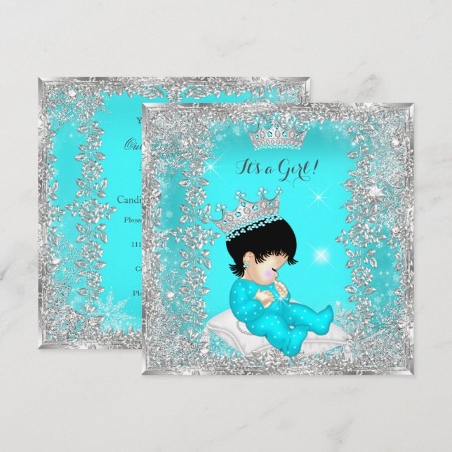 Prinsessa Baby Shower Teal Blå Silver Brunett Inbjudningar (Fram/baksida)